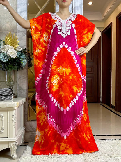 2024 African Floral Dashiki Cotton Maxi Dress - Elegant Tie-Dye Abaya - B&R African Styles