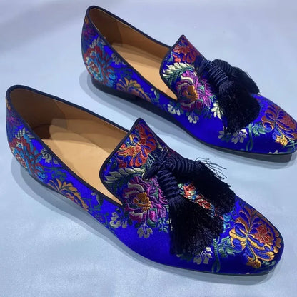 Handcrafted Luxury Men's Tassel Loafers: Elegant Satin Embroidery for Casual and Formal Wear, Perfect for Parties and Proms - B&R African Styles