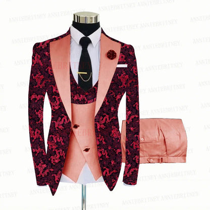 Red Floral Print Men's Suit 3 Pieces Slim fit Suit Jacket For Wedding, Special Events - B&R African Styles