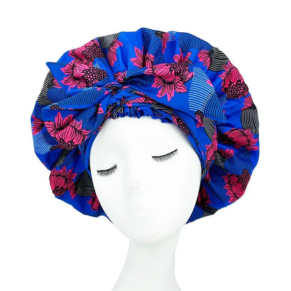 African Print Satin Bonnet with Long Ribbon Wrap Double Layer Headwrap Ankara Pattern Women Hair Cover Hair Wrap Cap - B&R African Styles