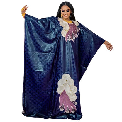 African Bazin Embroidery Long Maxi Dress with Scarf - B&R African Styles