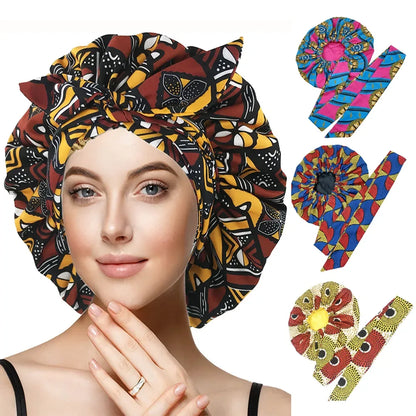 African Print Satin Bonnet with Long Ribbon Wrap Double Layer Headwrap Ankara Pattern Women Hair Cover Hair Wrap Cap - B&R African Styles