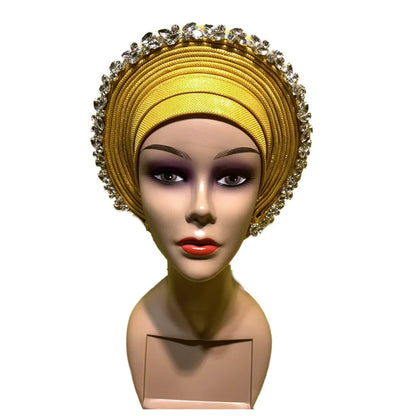 Blue African Hijab Caps with Diamonds Aso Oke Gele Headtie - B&R African Styles