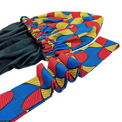 African Print Satin Bonnet with Long Ribbon Wrap Double Layer Headwrap Ankara Pattern Women Hair Cover Hair Wrap Cap - B&R African Styles