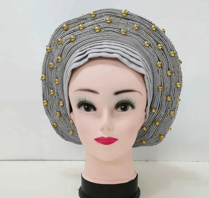 Head Wrap African Aso Oke Gele Headtie Auto Gele With Beads For Wedding Party - B&R African Styles