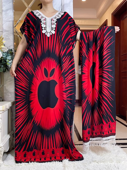 African Dashiki Tie-Dye Dress with Scarf - Floral Cotton Kaftan - B&R African Styles