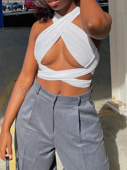 Women Strappy Cross Over Front Cut Out Halter Neck Sleeveless Backless Wrap Crop Top Bandage Vest Summer Sexy Tops Woman Clothes - B&R African Styles