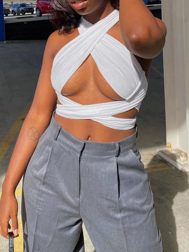 Women Strappy Cross Over Front Cut Out Halter Neck Sleeveless Backless Wrap Crop Top Bandage Vest Summer Sexy Tops Woman Clothes