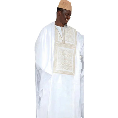 Traditional Bazin Embroidery Dress with Headwrap, and 3Pcs Men's Outfit. - B&R African Styles