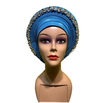 Blue African Hijab Caps with Diamonds Aso Oke Gele Headtie - B&R African Styles