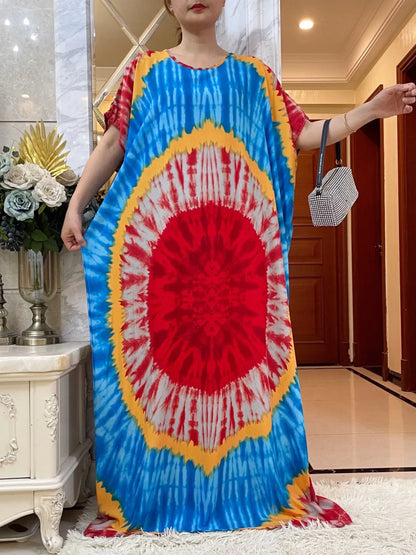 African Dashiki Tie-Dye Dress with Scarf - Floral Cotton Kaftan - B&R African Styles