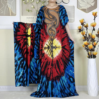 Women's African Dress with Diamonds & Matching Scarf – Cotton Short Sleeve Kaftan - B&R African Styles
