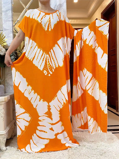 African Dashiki Tie-Dye Dress with Scarf - Floral Cotton Kaftan - B&R African Styles
