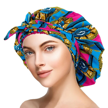 African Print Satin Bonnet with Long Ribbon Wrap Double Layer Headwrap Ankara Pattern Women Hair Cover Hair Wrap Cap - B&R African Styles