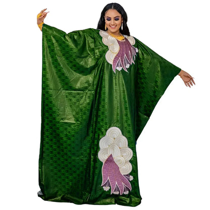 African Bazin Embroidery Long Maxi Dress with Scarf - B&R African Styles
