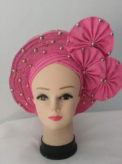 Head Wrap African Aso Oke Gele Headtie Auto Gele With Beads For Wedding Party - B&R African Styles