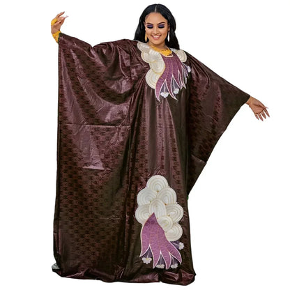 African Bazin Embroidery Long Maxi Dress with Scarf - B&R African Styles