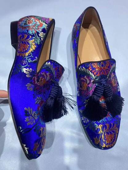 Handcrafted Luxury Men's Tassel Loafers: Elegant Satin Embroidery for Casual and Formal Wear, Perfect for Parties and Proms - B&R African Styles