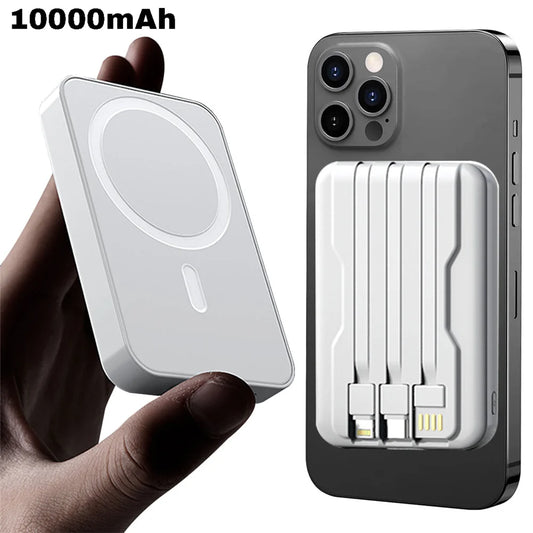 Magnetic 10,000mAh Portable Power Bank & 15W Wireless Charger with Built-in Cable