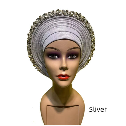 Blue African Hijab Caps with Diamonds Aso Oke Gele Headtie - B&R African Styles