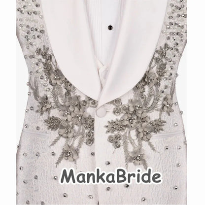 Luxury Wedding Tuxedo White Men's Suits 3pcs Slim Fit Appliques Crystals - B&R African Styles