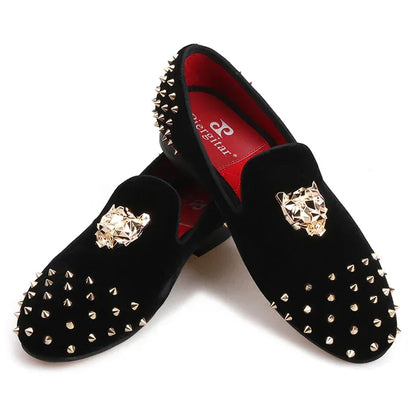Men's Velvet Shoes: Stylish Slip-On Loafers with Gold Tiger Buckle and Spikes, Perfect for Fashion Parties and Casual Luxury - B&R African Styles