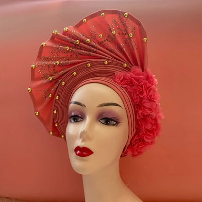 Head Wrap African Aso Oke Gele Headtie Auto Gele With Beads For Wedding Party - B&R African Styles