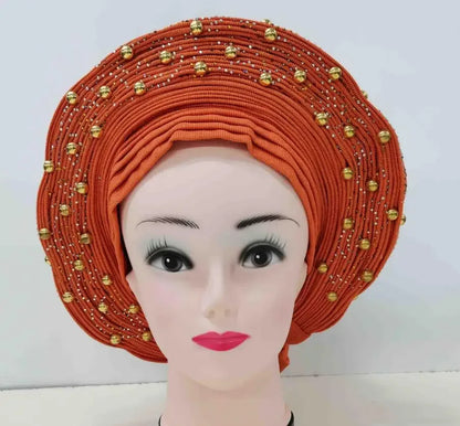 Head Wrap African Aso Oke Gele Headtie Auto Gele With Beads For Wedding Party - B&R African Styles