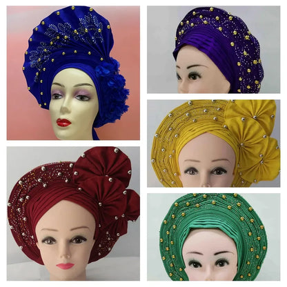 Head Wrap African Aso Oke Gele Headtie Auto Gele With Beads For Wedding Party - B&R African Styles
