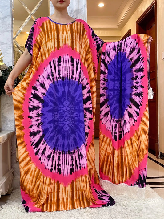 African Dashiki Tie-Dye Dress with Scarf - Floral Cotton Kaftan