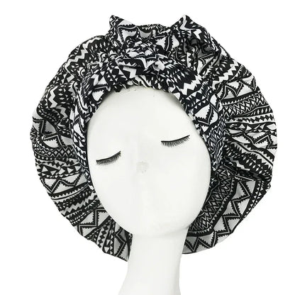 African Print Satin Bonnet with Long Ribbon Wrap Double Layer Headwrap Ankara Pattern Women Hair Cover Hair Wrap Cap - B&R African Styles