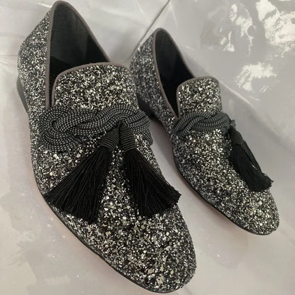 Classic Formal Italian Glitter Loafers: Plus Size Men's Sequin Tassel Dress Shoes for Weddings - B&R African Styles