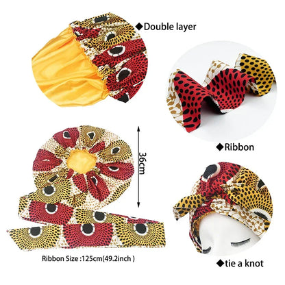 African Print Satin Bonnet with Long Ribbon Wrap Double Layer Headwrap Ankara Pattern Women Hair Cover Hair Wrap Cap - B&R African Styles