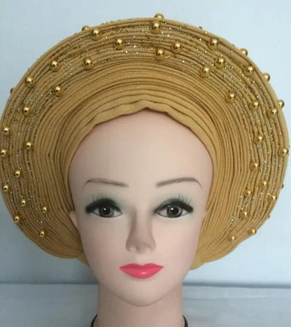 Head Wrap African Aso Oke Gele Headtie Auto Gele With Beads For Wedding Party - B&R African Styles