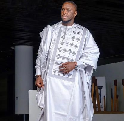 3Pcs Men's Bazin Riche Embroidery Design Top Long Sleeve and Coat - B&R African Styles