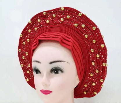 Head Wrap African Aso Oke Gele Headtie Auto Gele With Beads For Wedding Party - B&R African Styles