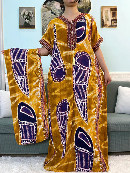 Printed Cotton V-Neck Abayas with Appliques & Pockets - Loose Fit Dress & Headscarf for Women - B&R African Styles