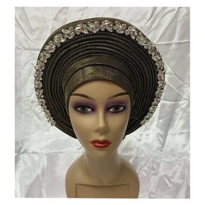 Blue African Hijab Caps with Diamonds Aso Oke Gele Headtie - B&R African Styles