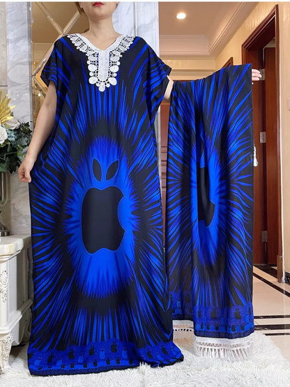 African Dashiki Tie-Dye Dress with Scarf - Floral Cotton Kaftan - B&R African Styles