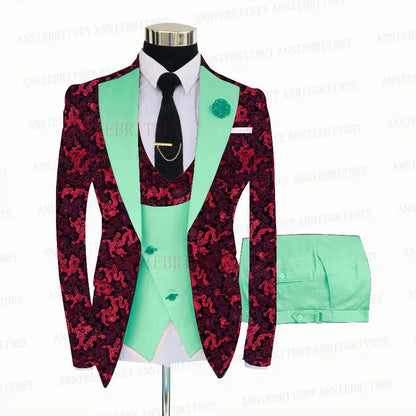 Red Floral Print Men's Suit 3 Pieces Slim fit Suit Jacket For Wedding, Special Events - B&R African Styles