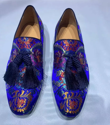 Handcrafted Luxury Men's Tassel Loafers: Elegant Satin Embroidery for Casual and Formal Wear, Perfect for Parties and Proms - B&R African Styles