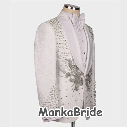 Luxury Wedding Tuxedo White Men's Suits 3pcs Slim Fit Appliques Crystals - B&R African Styles