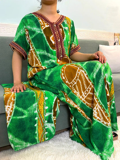 Printed Cotton V-Neck Abayas with Appliques & Pockets - Loose Fit Dress & Headscarf for Women - B&R African Styles