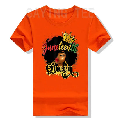 Juneteenth Queen: Afro Natural Hair Graphic Tee Celebrating Black Girl Magic & Family Unity - B&R African Styles