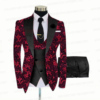 Red Floral Print Men's Suit 3 Pieces Slim fit Suit Jacket For Wedding, Special Events - B&R African Styles