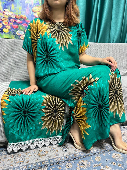 Floral Cotton Abaya for Women with Short Sleeves and Matching Scarf - B&R African Styles