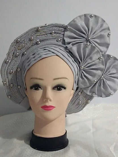 Head Wrap African Aso Oke Gele Headtie Auto Gele With Beads For Wedding Party - B&R African Styles