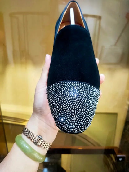 Experience Luxe Comfort: Black Suede Men's Loafers Adorned with Grey Rhinestones - Premium Slip-On Smoking Slippers for Men - B&R African Styles