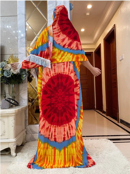 African Dashiki Tie-Dye Dress with Scarf - Floral Cotton Kaftan - B&R African Styles