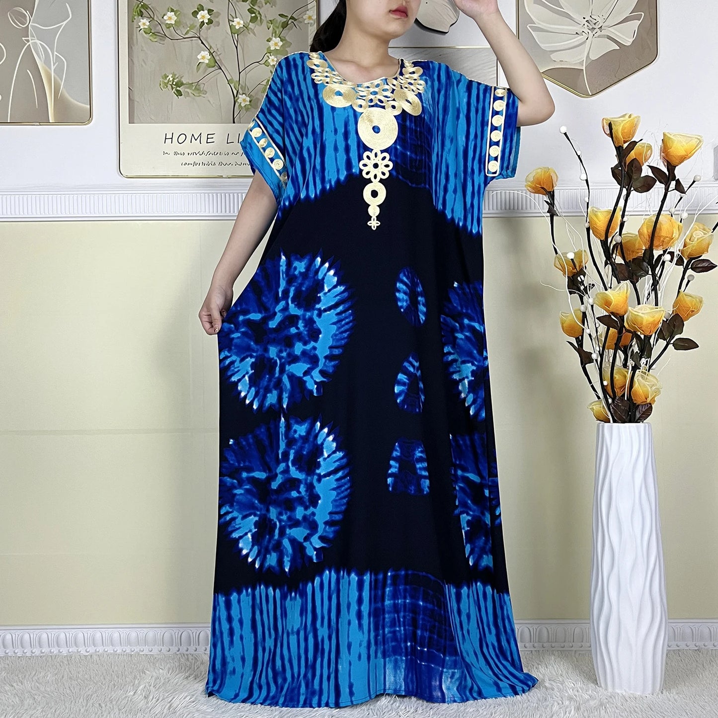 Elegant African Abaya Maxi Dress - Pure Cotton, Loose Fit, Short Sleeve